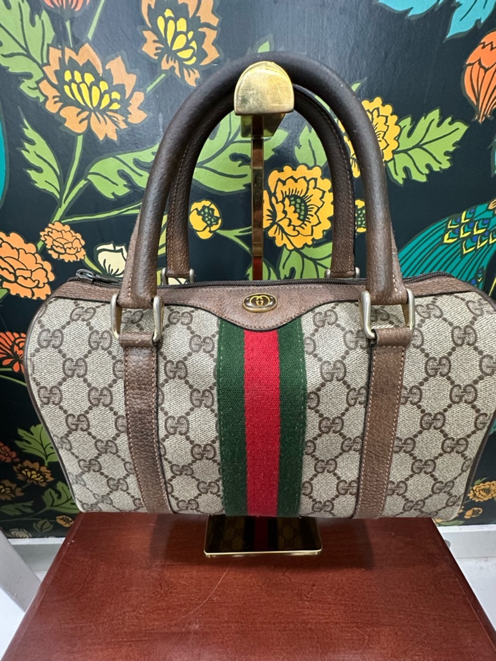 Vintage Gucci GG Supreme Boston Mini Bag Sherry Line Web Stripe 70s Italy - Picture 5 of 15